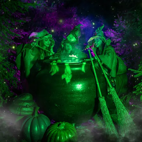 Witches at cauldron preparing for Howl'o'ween at Chessington World of Adventures Resort